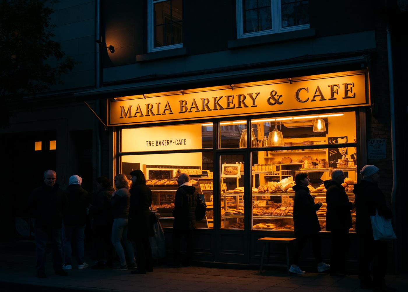 Boulangerie-café éclairée en soirée avec des clients devant la vitrine